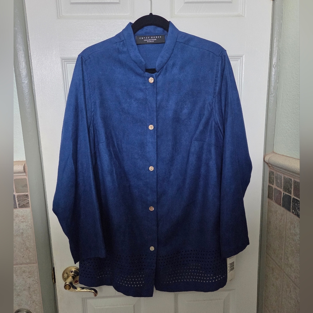 Royal Blue Faux Suede Button Down Jacket 12 NWT Western Rodeo Mature Going Out